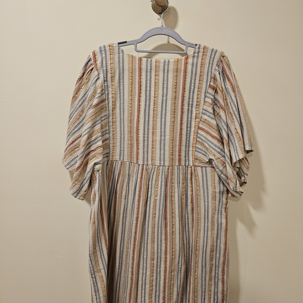 Garnet Hill Lola Shimmering Organic-Cotton Dress in a cream-striped colorway; L - Picture 4 of 8